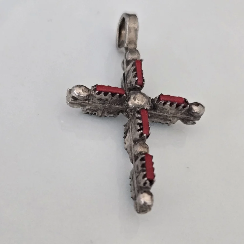 Vtg Zuni 925 Sterling Turqouise And Coral Cross Pendant
